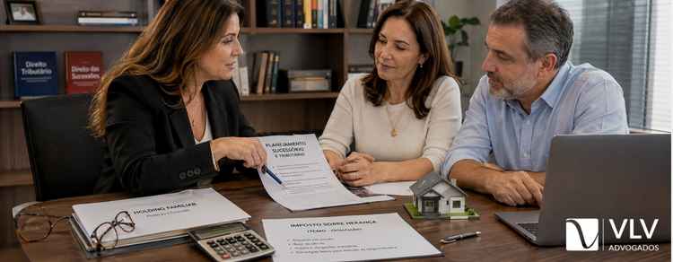 Advogada orientando casal sobre planejamento tributário e sucessório.
