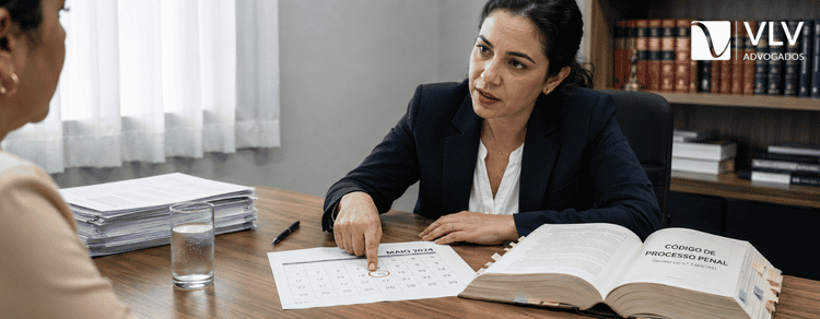 Queixa-crime: o que é, quando cabe e qual o prazo? 3 Advogada apontando data em calendário e explicando prazo da queixa-crime a cliente.