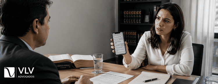 Queixa-crime: o que é, quando cabe e qual o prazo? 1 Mulher mostrando mensagens ofensivas no celular a advogado durante atendimento sobre queixa-crime.