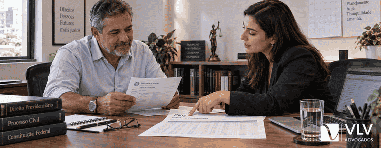 Quanto pagar para o INSS em 2026? Tabela e valores por categoria 2 Advogada explicando o extrato de contribuições do INSS a um segurado durante atendimento.