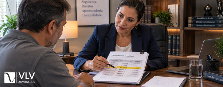 Guia GPS 2026: como emitir, calcular e pagar corretamente sua contribuição ao INSS 3 Advogada analisando extrato de contribuição com cliente no escritório