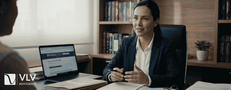 Advogada previdenciária explicando documentos sobre aposentadoria especial a cliente em escritório.