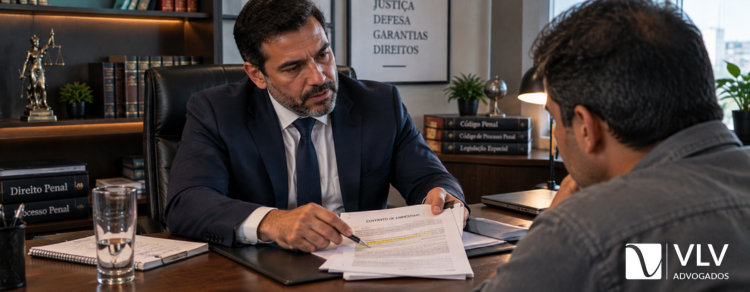 Agiotagem: o que é, quando configura crime e como se defender 3 Advogado analisando caso de agiotagem com cliente no escritório