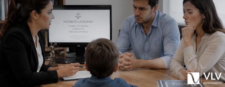 casal em divórcio com filhos sendo atendidos por advogada