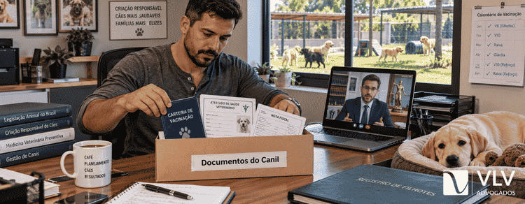 Canis: regras para funcionamento e venda legal de filhotes 2 Criador organizando documentos do canil durante consulta online com advogado