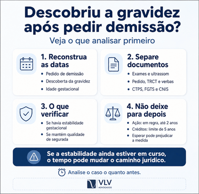 Estou grávida e pedi demissão: o pedido é válido e quais direitos ainda tenho? 2 infográfico explicando que fazer depois de pedir demissão e descobrir a gravidez