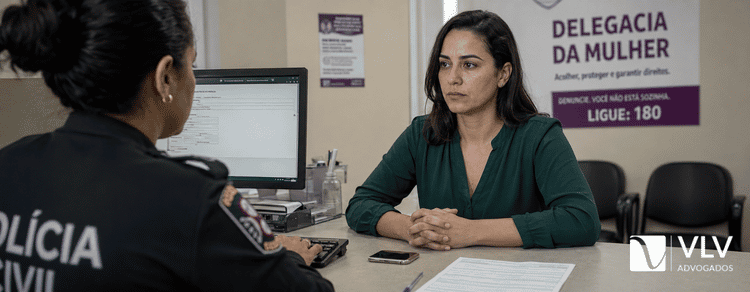 Medida protetiva: como funciona, prazos e o que ela proíbe? 2 Mulher solicitando medida protetiva na delegacia enquanto policial registra o relato.