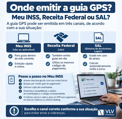 Guia GPS 2026: como emitir, calcular e pagar corretamente sua contribuição ao INSS 2 Infogråfico mostra onde emitir a guia GPS e quando usar Meu INSS, Receita Federal ou SAL.