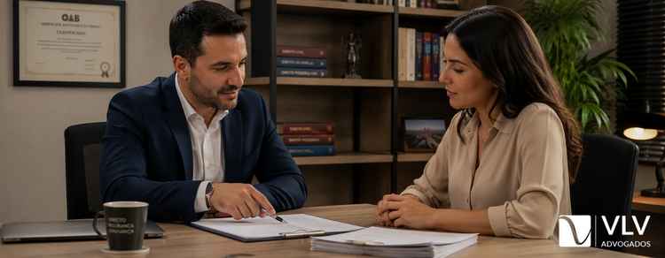 Dissolução de união estável com filhos: como é feita? Guia completo 3 Advogado orientando cliente sobre documentos de dissolução de união estável.