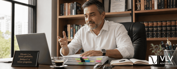 Advogado analisando um processo criminal e orientando um cliente por videochamada no escritório.