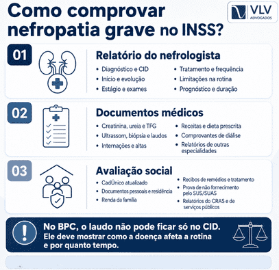 BPC LOAS em casos de nefropatia grave: como solicitar? 2 Infográfico sobre como comprovar nefropatia grave no INSS.