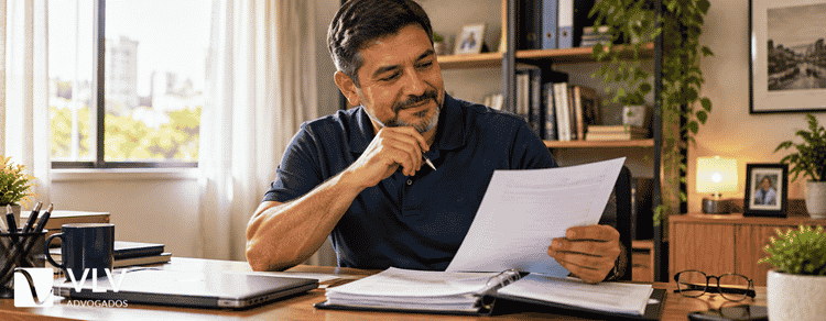 Homem analisando comprovante impresso em casa.