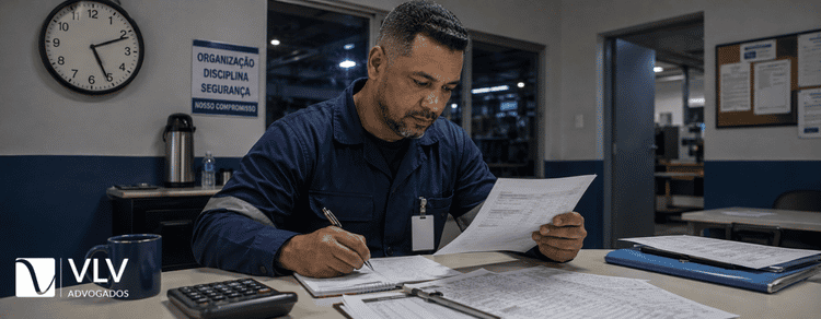 Trabalhador conferindo holerite e jornada antes de avaliar o adicional noturno.