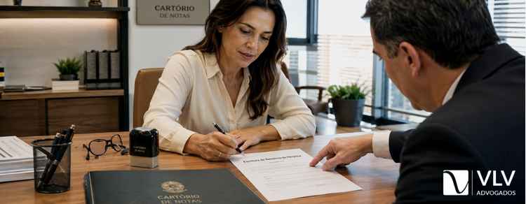 Mulher assinando escritura de renúncia de herança em cartório.