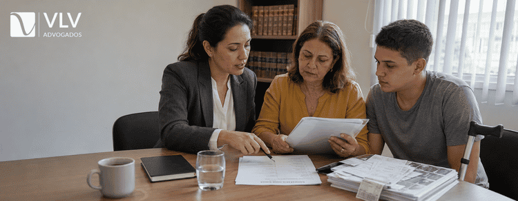 Advogada orientando mãe e filho na organização dos documentos médicos antes da perícia do BPC LOAS.
