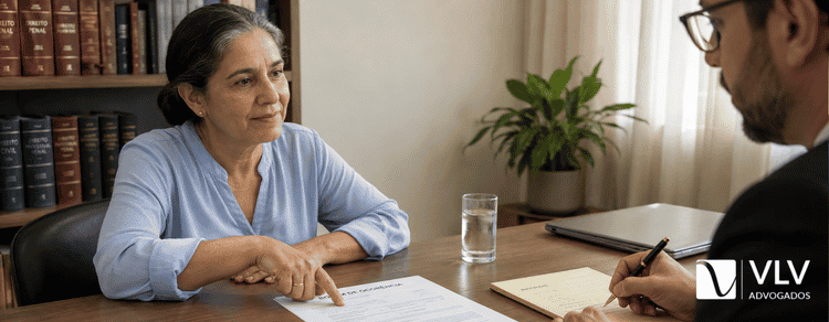 Relaxamento de prisão: o que é, quando cabe e qual a diferença para a liberdade provisória 2 Mulher apontando detalhe do auto de prisão durante atendimento com advogado criminalista.