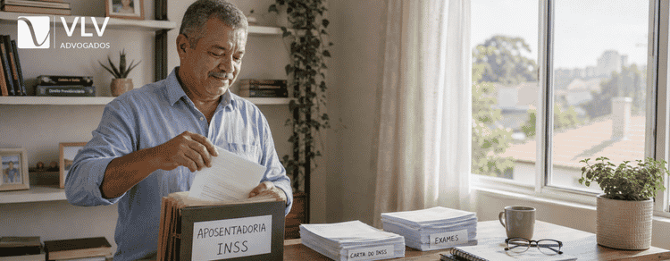 Homem organizando documentos e carta do INSS em pasta antes de decidir o próximo passo.