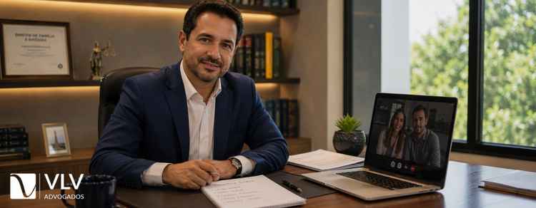 Advogado em videoconferência prestando orientação jurídica a um casal.