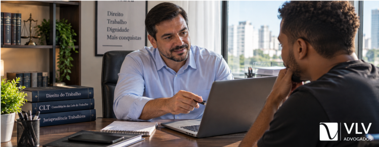 Férias coletivas: quais são as regras cálculo e seus direitos 3 Advogado explicando documento de férias coletivas a cliente em escritório trabalhista