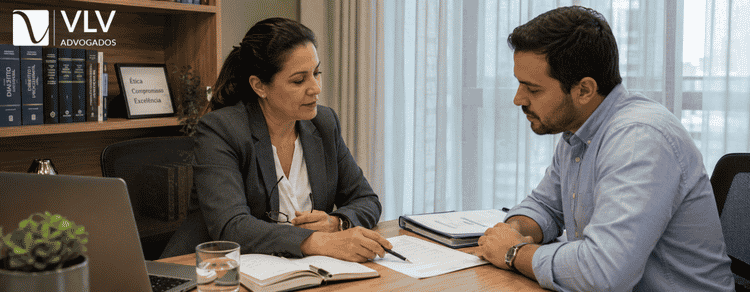 Advogada explicando documentos a um cliente sentado à mesa em escritório, analisando a situação do seguro-desemprego.