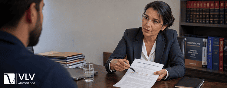 Rescisão indireta: como sair sem perder seus direitos? 2 Advogada trabalhista analisando documentos com cliente e explicando o enquadramento do caso de rescisão indireta.