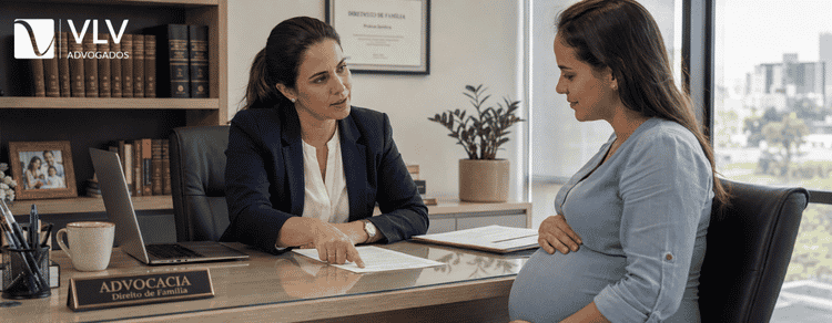Advogada previdenciária explicando documentos a uma gestante, analisando individualmente o pedido de salário-maternidade.