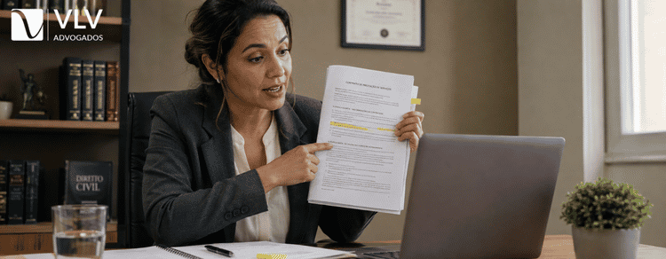 Contrato de prestação de serviço: guia completo para quem contrata e para quem presta 2 Advogada analisando cláusulas de contrato de prestação de serviço durante atendimento online.