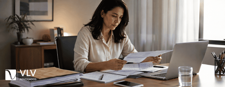Profissional analisando documentos antes de decidir como agir.