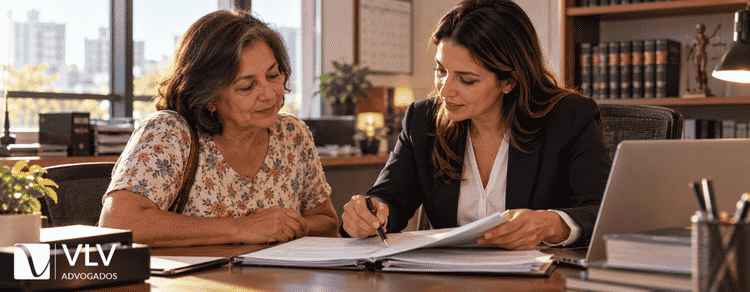 Aposentada analisando documentos do benefício com advogada no escritório.