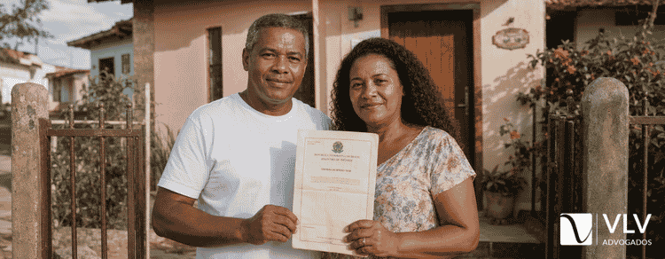 Ação de usucapião: o que é, tipos, requisitos e como fazer? 2 Casal segura escritura de imóvel em frente à própria casa após regularização por ação de usucapião.