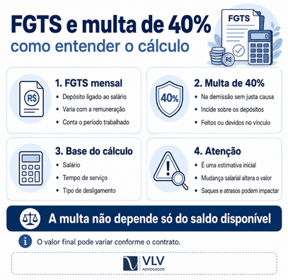 FGTS: entenda como funciona e quando você pode sacar? 2 Infográfico sobre cálculo do FGTS e da multa rescisória de 40%.