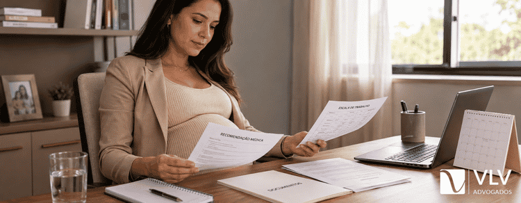 grávida analisando documentos antes de decidir sobre mudança de turno.