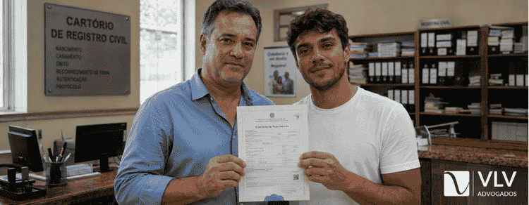 Registro tardio de paternidade: como funciona e como fazer? 3 Homem e filho segurando certidão de nascimento em cartório.