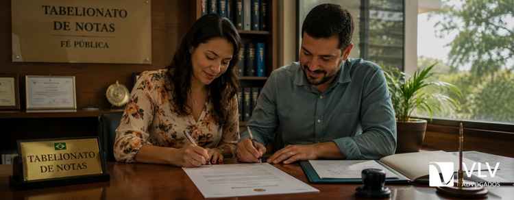 Casal assinando documento em cartório para formalização da união estável.