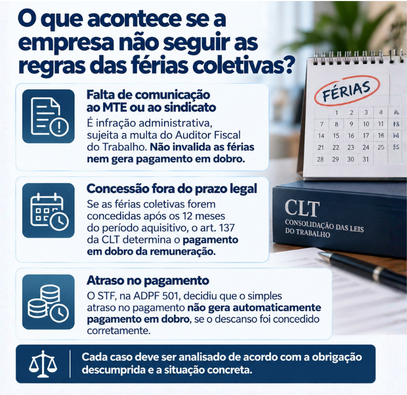Férias coletivas: quais são as regras cálculo e seus direitos 2 Infográfico sobre as consequências do descumprimento das regras das férias coletivas.