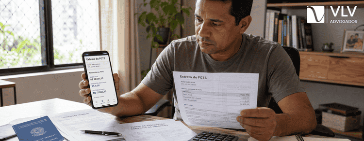 FGTS: entenda como funciona e quando você pode sacar? 3 Trabalhador analisando extrato e depósitos do FGTS.