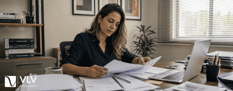 Acúmulo de função: quando há direito a adicional? 3 Trabalhadora analisando documentos antes de decidir sobre possível acúmulo de função.