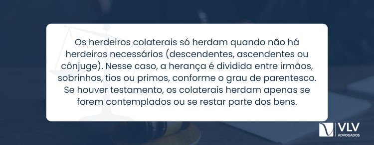 Herdeiros colaterais só herdam na ausência de descendentes, ascendentes e cônjuge/companheiro.