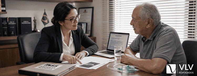 DPOC dá direito à aposentadoria? Entenda seus direitos e como solicitar ao INSS 3 advogada orientando cliente sobre aposentadoria para dpoc vlv advogados