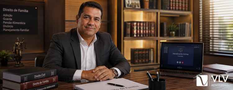 Advogado de família sentado em escritório moderno, pronto para atender consulta sobre adoção de enteado.