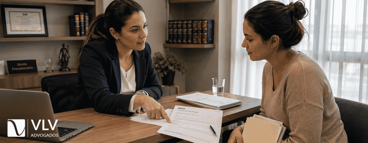Salário-maternidade negado pelo INSS: como recorrer e reverter a decisão 2 Advogada explicando documento do INSS para cliente durante atendimento em escritório