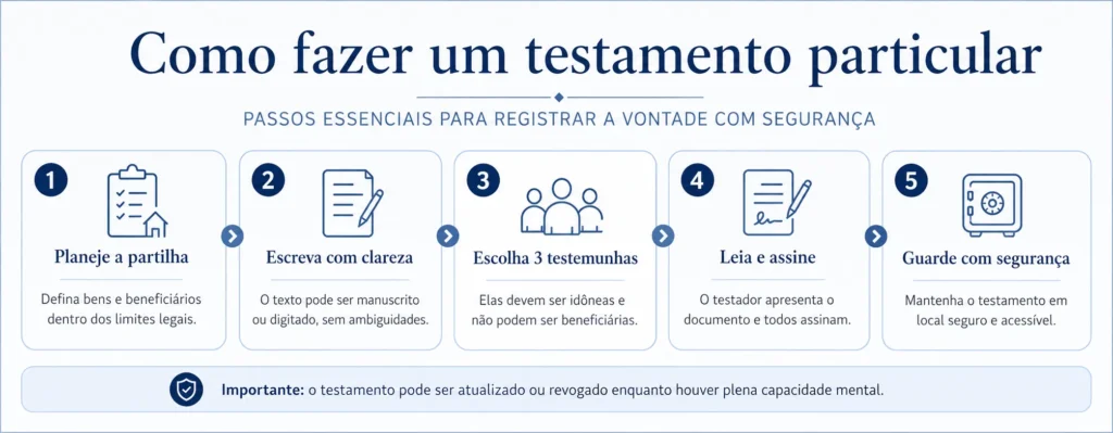 Testamento particular: o que é, requisitos e como fazer? 2 Infográfico com passos para fazer um testamento particular.