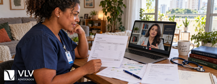 Enfermeira conversando com advogado por videochamada sobre contracheque