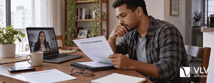 Estou na experiência e fiquei doente: posso ser demitido? 3 Trabalhador lendo o contrato de experiência durante videochamada com advogada.