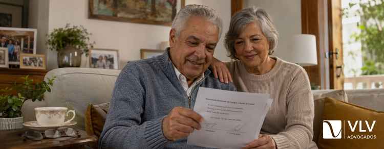 Testamento particular: o que é, requisitos e como fazer? 3 Casal de idosos revisa tranquilamente um testamento assinado no sofá de casa.