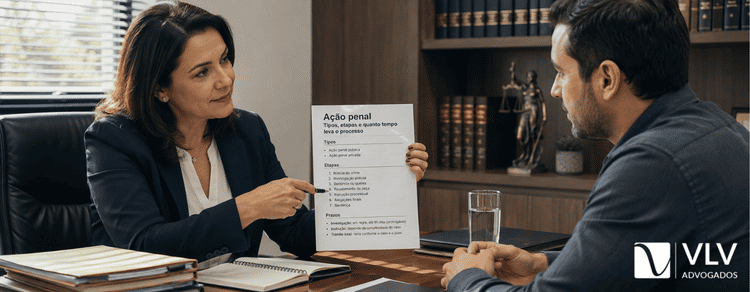 Ação penal: tipos, etapas e quanto tempo leva o processo 2 Homem analisando ação penal com auxilio de advogada