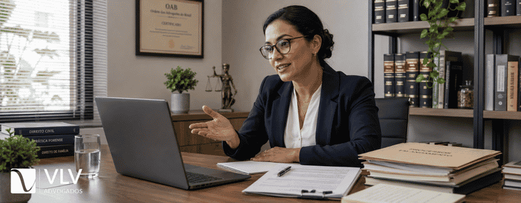 Advogada atendendo cliente por videochamada em escritório com documentos sobre a mesa