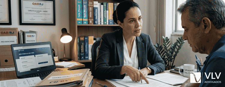 Advogada previdenciária explicando documentos sobre aposentadoria especial negada a cliente em escritório.