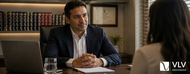 Advogado atendendo cliente em escritório de advocacia em caso sobre formal de partilha
