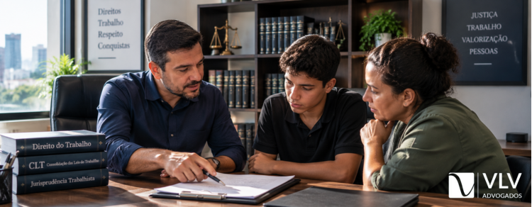 Direitos trabalhistas do jovem aprendiz: guia completo 2 Advogado trabalhista explicando direitos a jovem aprendiz e responsável durante consulta